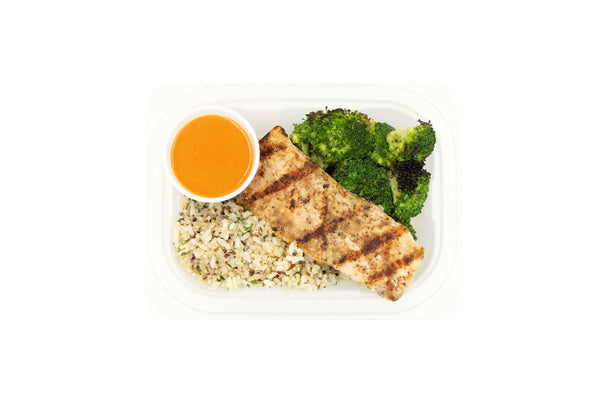 Top view of the Wild-caught Mahi Mahi with Lemon Garlic Quinoa + Brown Rice blend and roasted broccoli.