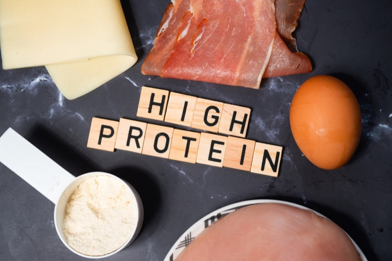 The inscription high protein next to protein sources such as meat, dairy products, eggs and protein supplement.